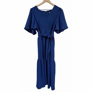 DKNY Dress Womens Size 8 Blue Tiered Midi Flutter Sleeve V-Neck Tie Waist